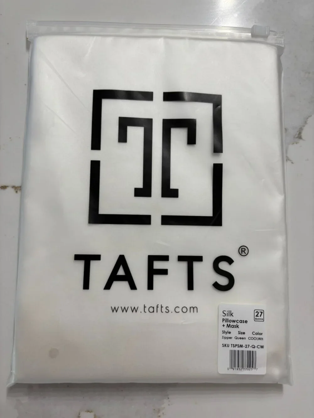 NEW TAFTS 27 Momme 100% Pure Mulberry Silk Pillowcase & Sleep Mask in COOL WHITE